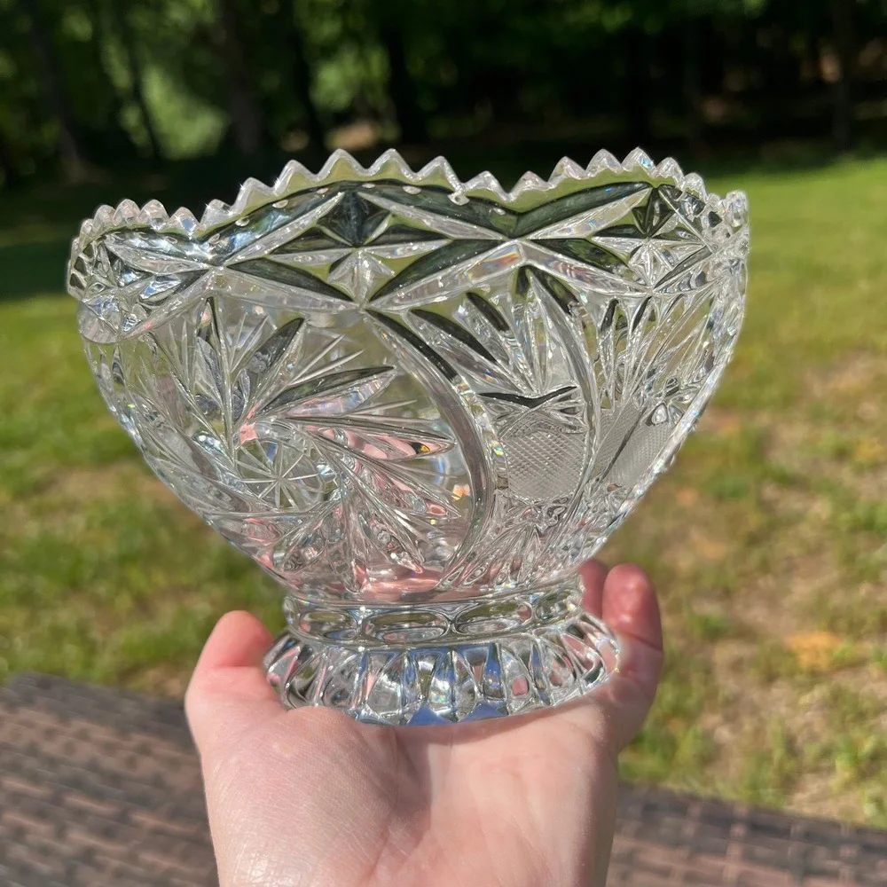 Vintage Cut‎ Lead Crystal Bowl Pinwheel Hobstar Pattern Pedestal Foot Scalloped